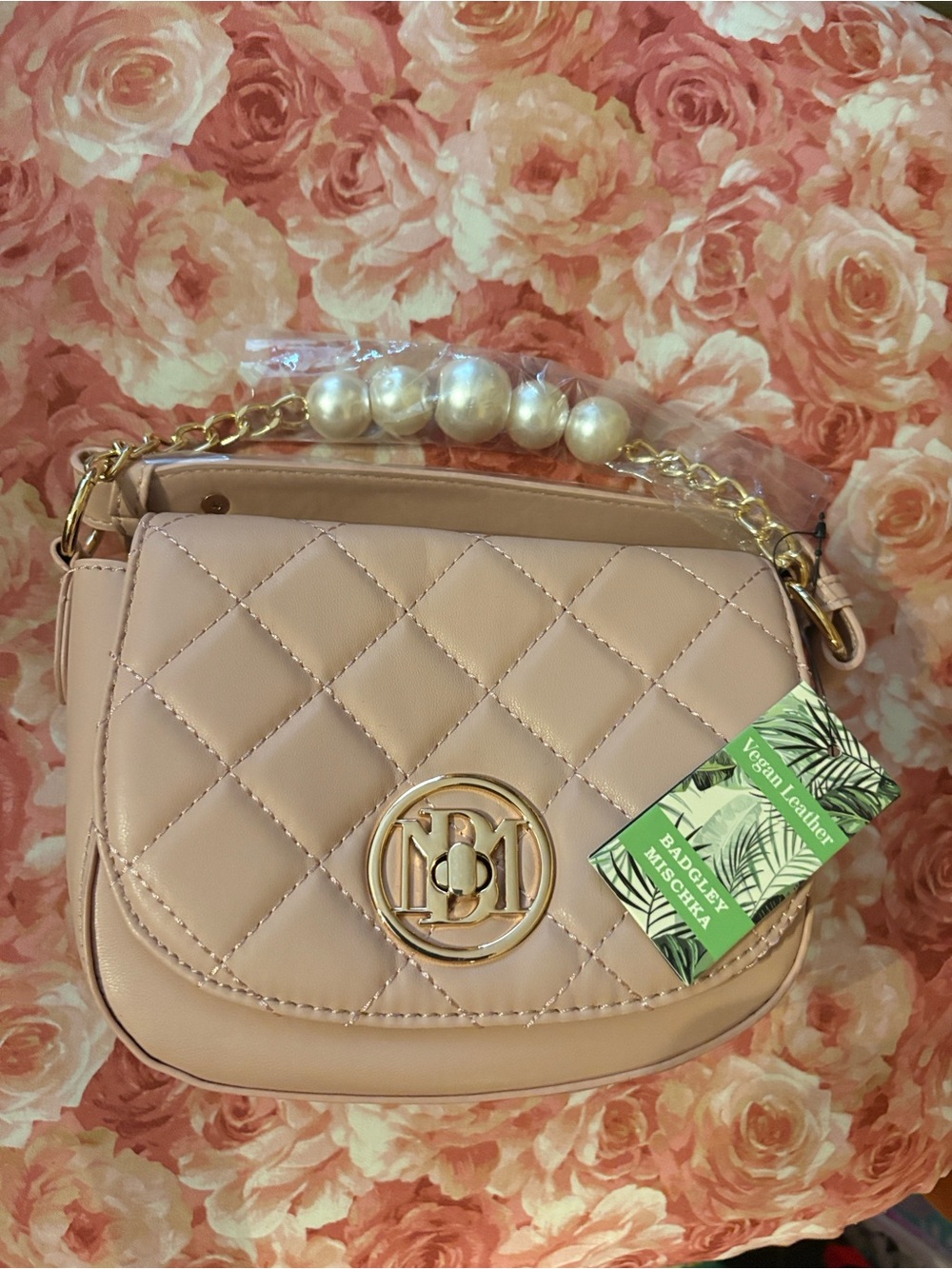 Badgley Mischka Quilted Pearl-Top Handle Mini Bag - Blush Pink